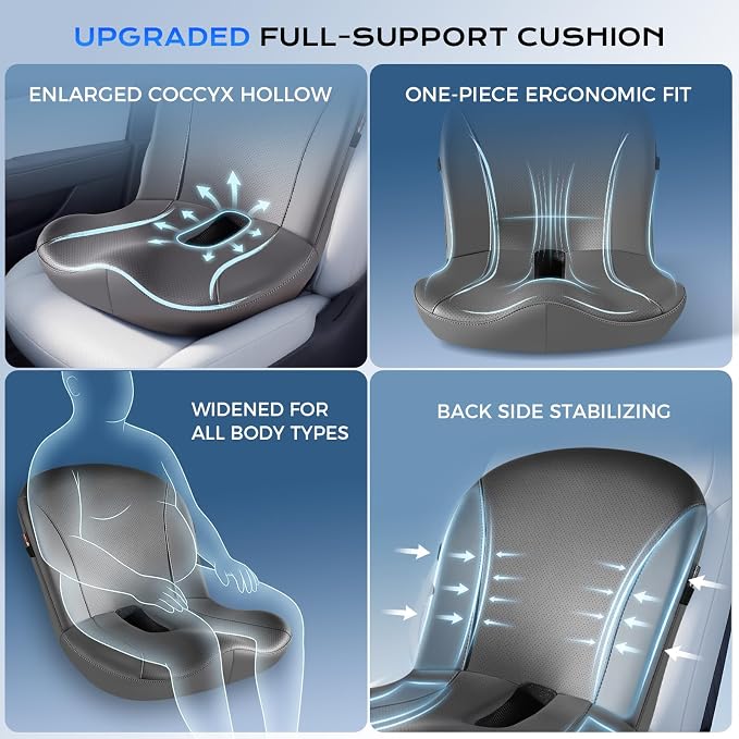 Coverado Car Seat Cushion and Lumbar Support Pillow One Piece, Napa Leather Memory Foam Ergonomic Back Support Driving Seat Cushion for Back Pain, Non-Slip Washable Cushion for Car, Driver, Office