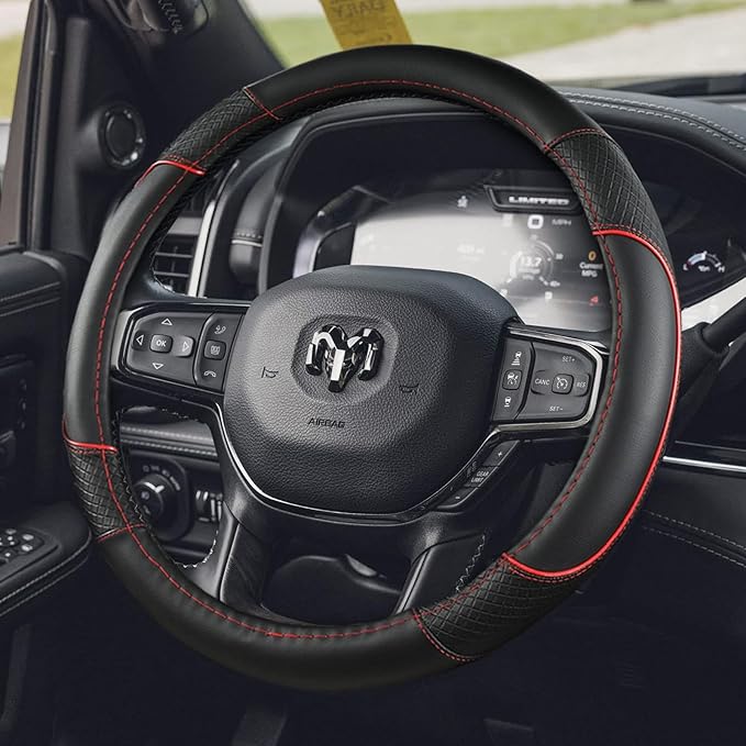 Steering Wheel Cover for Dodge RAM 1500, 2500, 3500 - Premium Microfiber Leather Auto Car Accessory with Non-Slip Grip, Rugged Durability & Interior Upgrade, 15.5-16 inch (Red-Large Size)