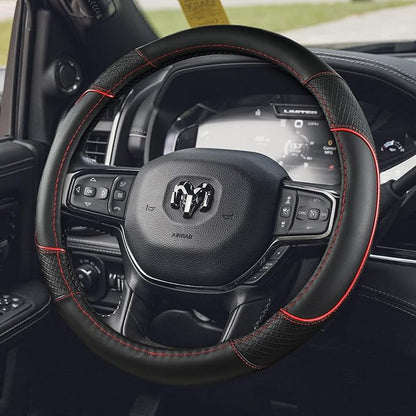 Steering Wheel Cover for Dodge RAM 1500, 2500, 3500 - Premium Microfiber Leather Auto Car Accessory with Non-Slip Grip, Rugged Durability & Interior Upgrade, 15.5-16 inch (Red-Large Size)