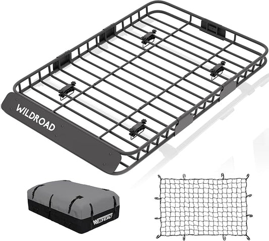 Wildroad Car Roof Cargo Carrier Combo of Upgraded 64"x 39"x 4" Roof Rack Cargo Basket with 21 Cubic ft Ultra Waterproof Anti-Tear Fabric Cargo Carrier Bag and Super Duty Bungee Cargo Net