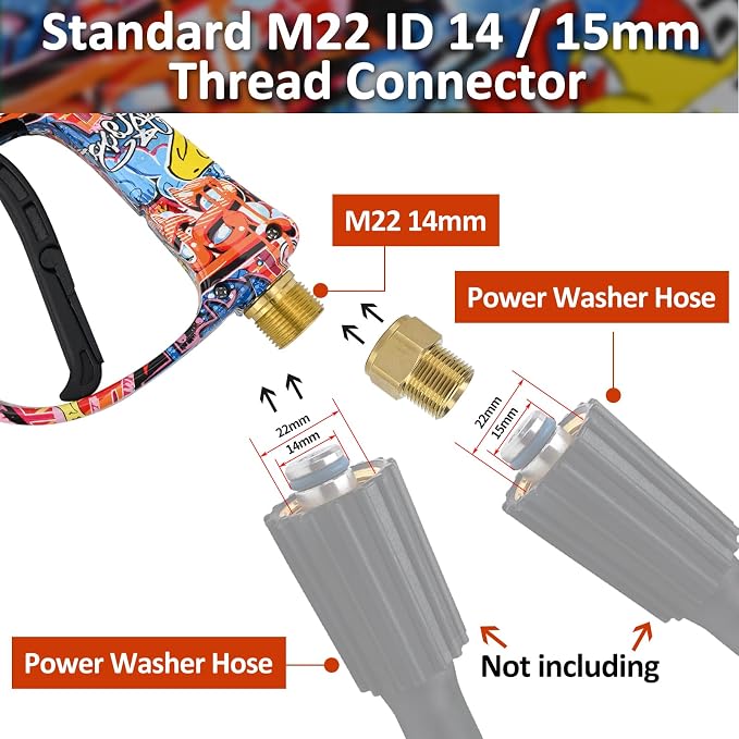 Pressure Washer Spray Gun M22-14 Max 3000 PSI with 1/4" Quick Connector Snow Foam Lance & 5 Spray Tips & Clip Nozzle Holder, Compatible for Some of Greenworks Kar-cher Ryobi Homelite Pressure Washer