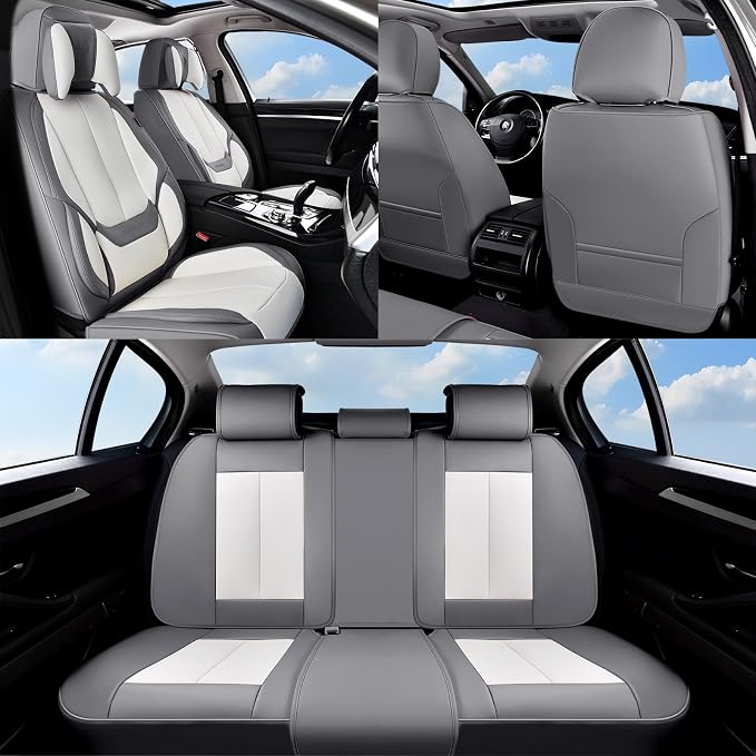 Coverado Seat Covers Full Set, 5 Seats Seat Covers for Cars, Waterproof Nappa Leather Car Seat Covers with Head Pillow, Seat Protectors Car Seat Cushion Universal Fit for Most Cars (Gray&White)