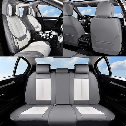 Coverado Seat Covers Full Set, 5 Seats Seat Covers for Cars, Waterproof Nappa Leather Car Seat Covers with Head Pillow, Seat Protectors Car Seat Cushion Universal Fit for Most Cars (Gray&White)