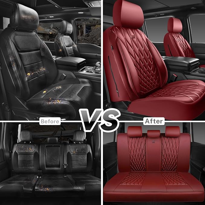 CAR PASS Piping Luxury Faux Leather Seat Covers Full Set, Premium Delux Anti-Slip Waterproof Automotive Seat Cover Universal Fit for Sedans Suvs Vans Trucks, Armrest & Airbag Compatible, Burgundy Red