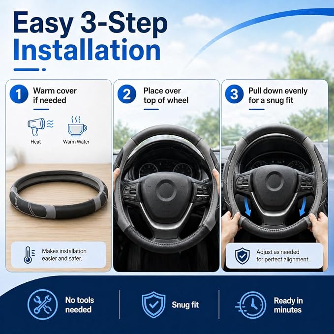 Elantrip Microfiber Leather Steering Wheel Cover for 14.5" to 15" Wheels, Soft Padded Grip, Textured Anti-Slip Inner Lining, Breathable Comfort for Cars, SUVs and Trucks, Black/Gray