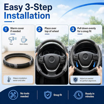 Elantrip Microfiber Leather Steering Wheel Cover for 14.5" to 15" Wheels, Soft Padded Grip, Textured Anti-Slip Inner Lining, Breathable Comfort for Cars, SUVs and Trucks, Black/Gray