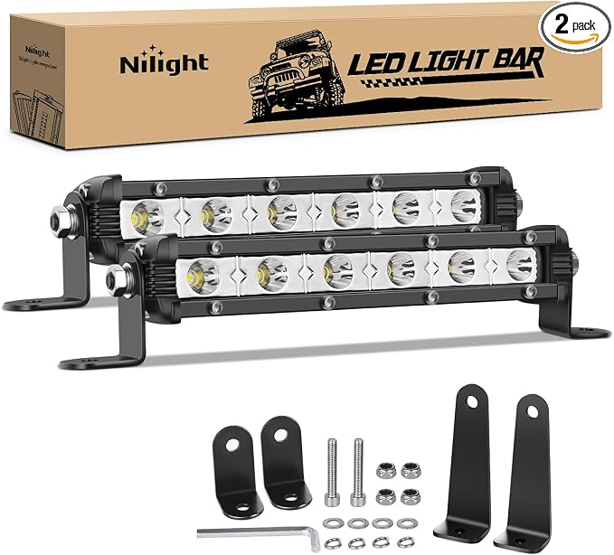 Nilight Single Row LED Light Bar Ultra-Slim Spot Pods 2PCS 7 Inch 18W Fog Light Driving Work Roof Bumper Lighting for Offroad 4x4 Trucks Polaris RZR SUV ATV UTV