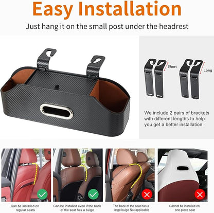 Car Rear Backseat Extra Multifunctional Drink Cup Holder Organizers with Tissue Storage Box Organizer & Hooks for Car Seat Back. imitation carbon fiber texture