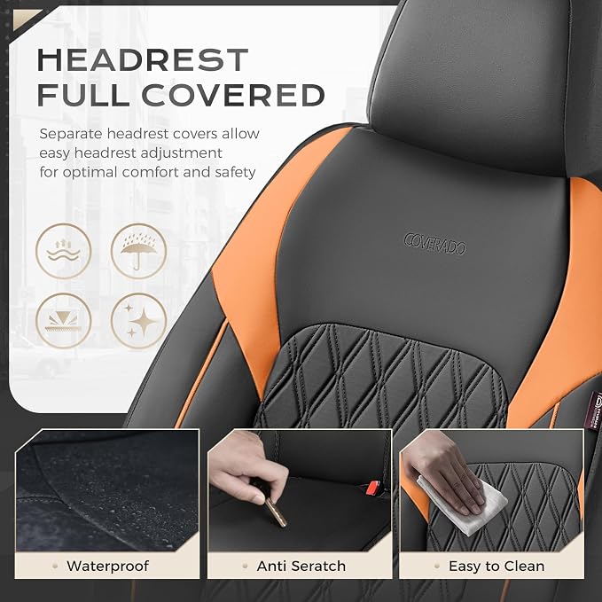 Coverado Seat Covers for Cars, Automotive Seat Covers Front Seats, Waterproof Car Seat Covers, Car Seat Cushion, Faux Leather Car Seat Protector Carseat Cover Universal Fit Most Cars, Black&Orange
