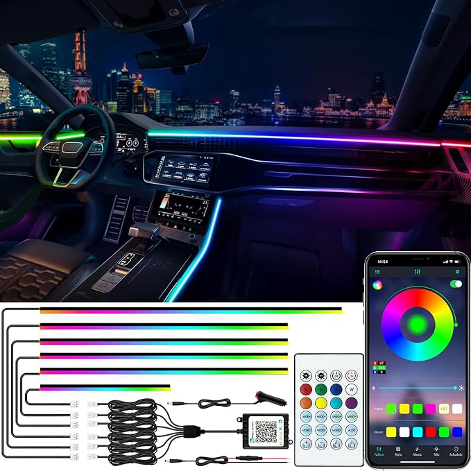Interior Car LED Lights, RGB Dream Color Acrylic LED Lights for Car, Ambient Lighting Kits with Wireless APP and RF Remote Control, Music Sync Dynamic Chasing (6 in 1)