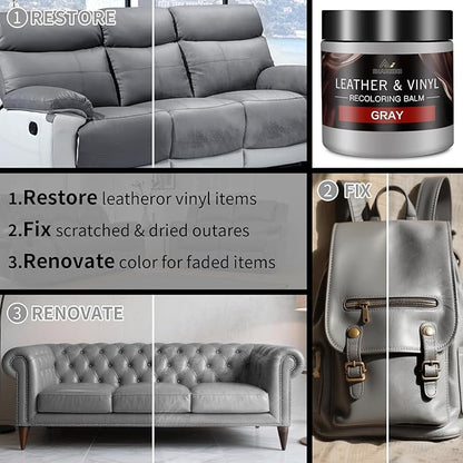 Leather Recoloring Balm and Leather Repair Kit for Furniture, Gray Leather Dye for Couches, Car Seats, Leather Paint & Stain for Sofa, Chairs, Bags, and More