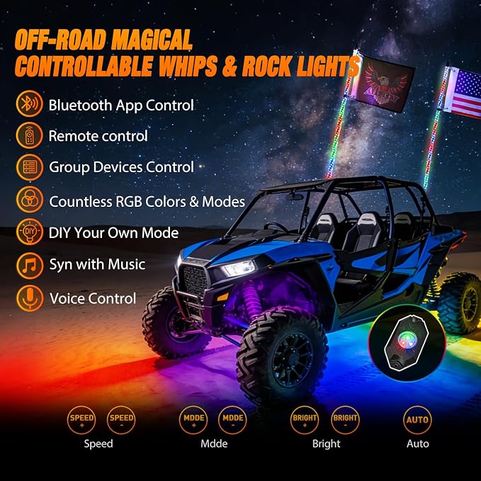 Nilight 2PCS 3FT RGB LED Whip Light with Spring Base and 6 PCS Rock Lights Combo, Remote App Control w/DIY Chasing Patterns Turn Signal Brake Reverse Antenna Lighted Whips for ATV UTV Polaris RZR Jeep
