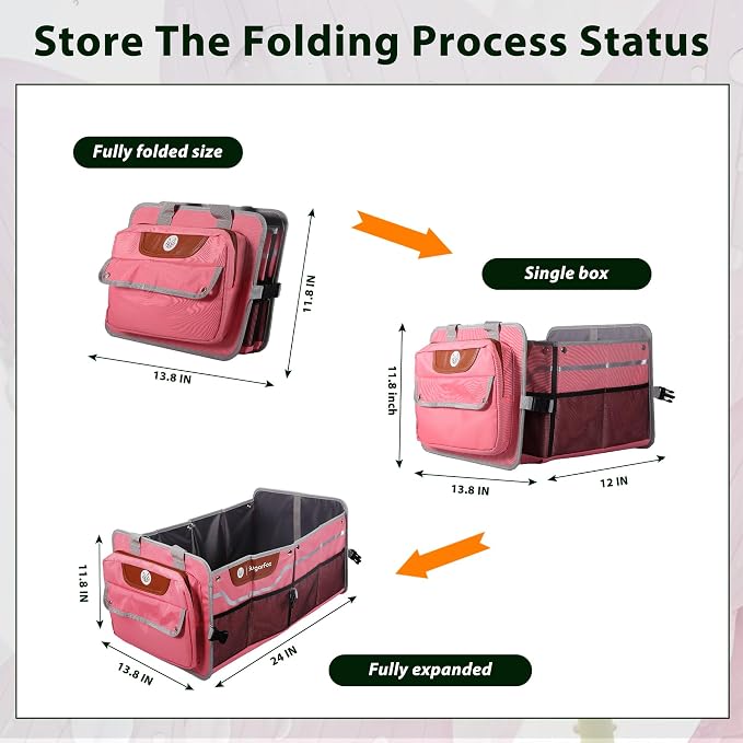 SugarFox Car Trunk Organizer for SUV, 70L Heavy Duty Waterproof Trunk Organizer, Foldable Vehicle Organizer with Anti-Slip Base, 24”x13.8”x11.8”, Pink-M003