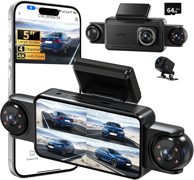 360°View 4 Channel Dash Cam, 5'' IPS Large Screen Dash Camera for Cars, 4K+1080P Front and Rear Inside Left Right, Built-in IR Night Vision, 24H Parking Mode, 64GB SD Card, Wireless APP Transmission