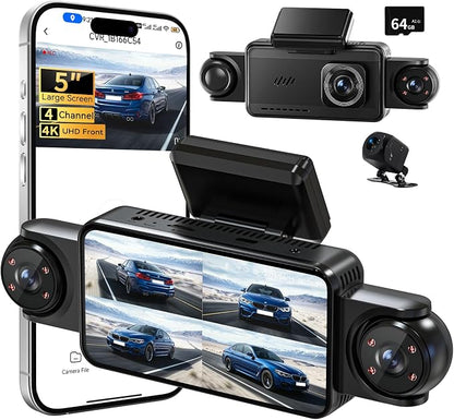 360°View 4 Channel Dash Cam, 5'' IPS Large Screen Dash Camera for Cars, 4K+1080P Front and Rear Inside Left Right, Built-in IR Night Vision, 24H Parking Mode, 64GB SD Card, Wireless APP Transmission