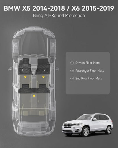 3W Floor Mats Custom Fit for BMW X5 (F15) 2014-2018 / BMW X6 (F16) 2015-2019, All Weather TPE Floor Liner 1st & 2nd Row Accessories Car Mats