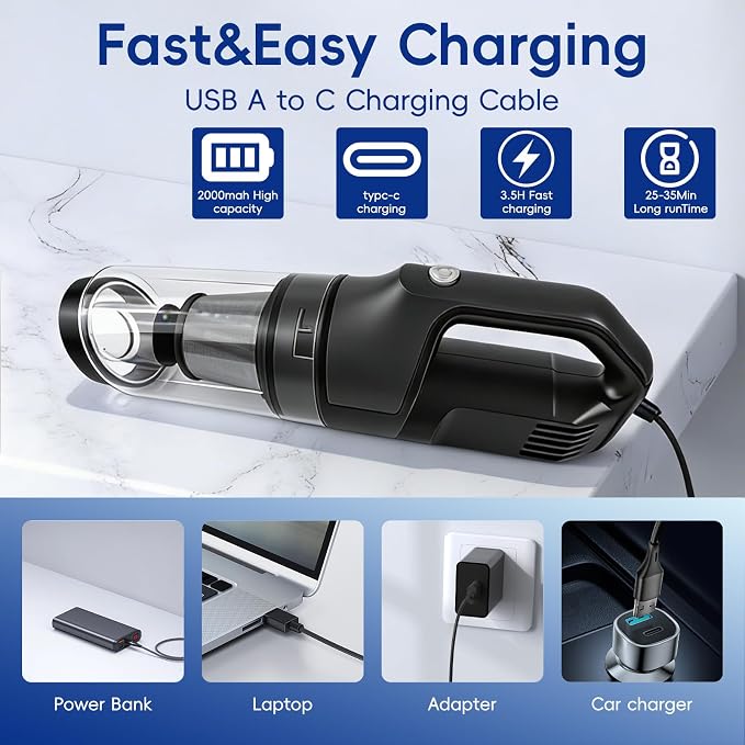 1.1lbs Lightweight Cordless Handheld Vacuum, 5-in-1 Rechargeable Portable Car Vacuum Cleaner with Washable Filter & Multi-Nozzles, Powerful Pet Hair Remover for Home, Office & Car Detailing