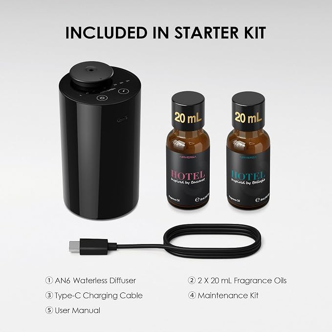 Airversa Waterless Essential Oil Diffuser Starter Kit with 2x20mL Hotel Fragrance Oils for Car Home Office, Cordless Battery Operated Scent Air Cool Mist Diffuser, Mist/Timers, AN6KIT-C Black