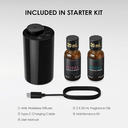 Airversa Waterless Essential Oil Diffuser Starter Kit with 2x20mL Hotel Fragrance Oils for Car Home Office, Cordless Battery Operated Scent Air Cool Mist Diffuser, Mist/Timers, AN6KIT-C Black