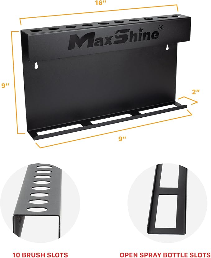 Maxshine Universal Brush & Trigger Bottle Holder (2-Pack) – Wall-Mount Organizer Holds 20 Brushes & 12 Spray Bottles – Black Powder-Coated Metal Rack for Garage, Auto Detailing Shop & Car Care Storage