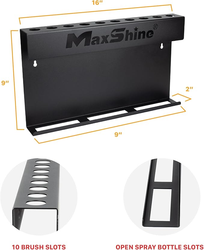 Maxshine Universal Brush & Trigger Bottle Holder – Wall-Mount Organizer Holds 10 Brushes & 6 Spray Bottles – Black Powder-Coated Metal Rack for Garage, Auto Detailing Shop & Car Care Storage