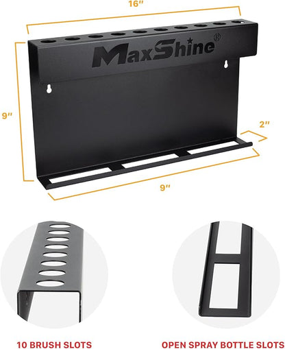 Maxshine Universal Brush & Trigger Bottle Holder – Wall-Mount Organizer Holds 10 Brushes & 6 Spray Bottles – Black Powder-Coated Metal Rack for Garage, Auto Detailing Shop & Car Care Storage