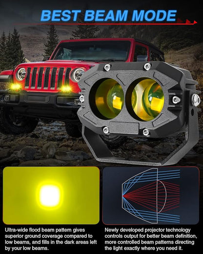 BraveWAY 4 Inch 80W Amber Fog Lights, Yellow LED Pods 9600LM Super Bright with Harness Yellow Spot Beam Waterproof Off Road Ditch Lights for Truck Pickup Ram Motorcycle SUV ATV UTV Pack of 2
