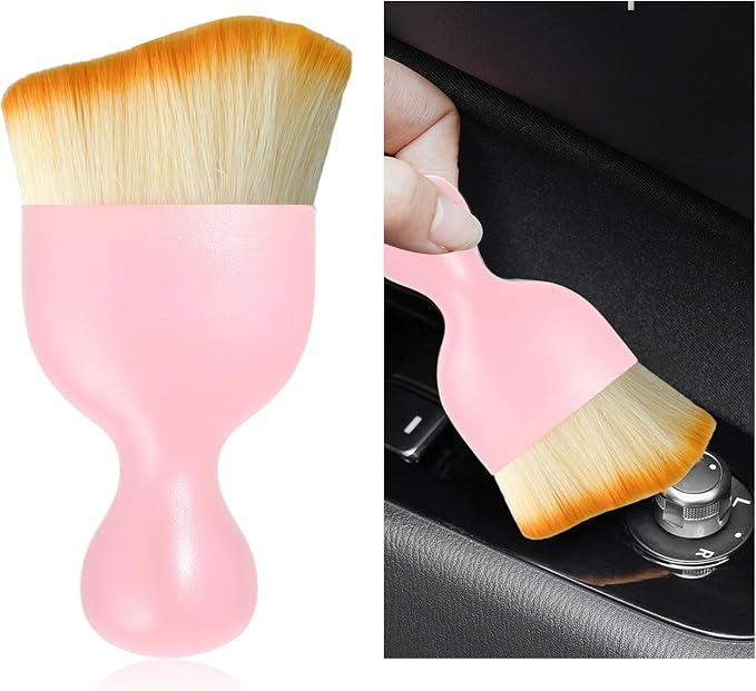 Car Interior Detailing Brush, Curved Car Interior Cleaning Brush with Ultra Soft Bristles & Dust Cover, Scratch-Free Auto Dusting Brushes for Dashboard AC Vent Leather (Pink)