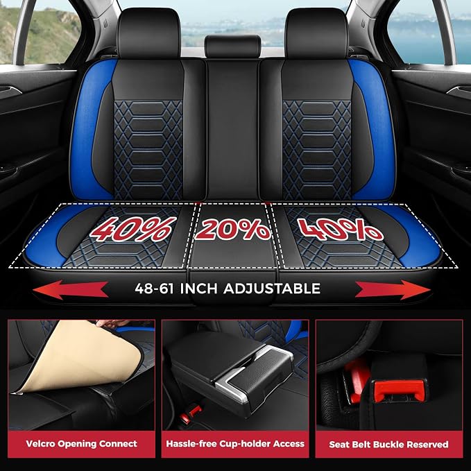FREESOO Car Seat Covers Leather Seat Cover Full Set Automotive Seat Cover Protector Accessories Airbag Compatible Universal Fit for 5 Seats (Black Blue 8)