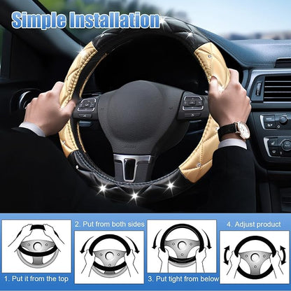 SuperKaKa Black and Gold Steering Wheel Cover, Auto Cute Diamond Bling Soft Comfort Leather Car Interior Accessories Protector Sparkly Fit Most O-Shaped Steering Wheels