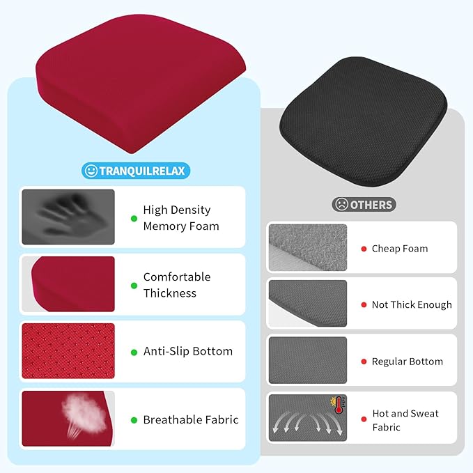 TranquilRelax 2XL Seat Cushion, Memory Foam Cushion for Long Sitting Hours on Office Chair, Car Seat, Non-Slip Chair Pad for Sciatica, Coccyx, Tailbone Pain Relief & Post-Surgery Recovery (Red)