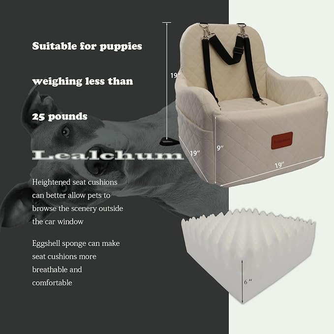 Lealchum Dog Booster Car Seat,Ultra Soft Fabric & Filling Memory Foam,Elevated Cushion,3 Straps & Safety Belt Channel,Anti-Slip Base,Fully Detachable and Washable(Beige,Medium)