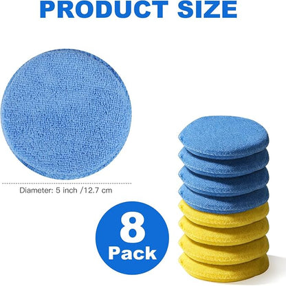 REGUICORP Polishing Pad 8 PCS, 5 Inch Diameter Round Microfiber Applicator Pad, Washable Reusable Car Wax Applicator Pad for Car Cleaning and Fine Polishing (Yellow and Blue)