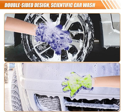 Craedli 2PCS Car Wash Mitts, Anti-Scratch Double Sided 5-Finger Microfiber Car Interior&Exterior Detailing Gloves, Soft Vehicle Chenille Dusting Mitt for Cleaning Wheel Tight Spot (Blue)