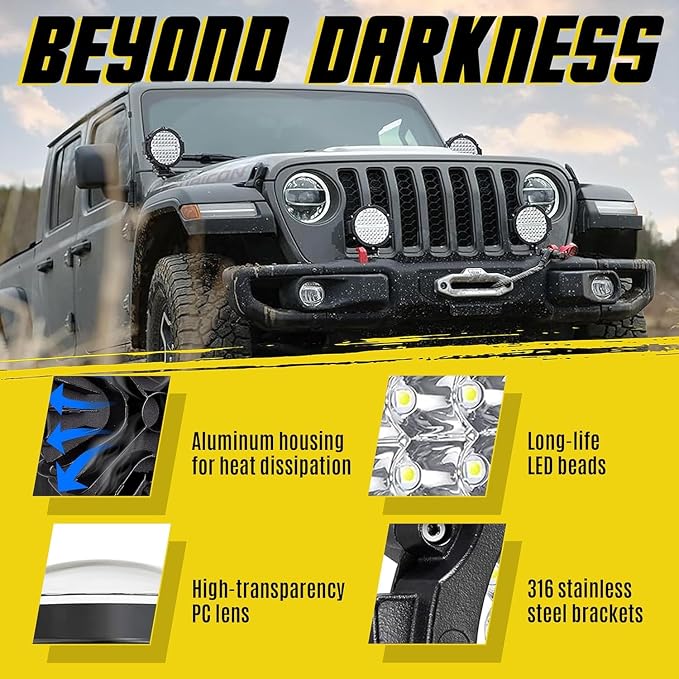 LED Off Road Lights, 7 Inch Round 210W 10000lm 12V-60V LED Work Lights Driving LED Pods for Truck Trailer Boat Ship Golf Cart 36V 48V Working Driving Search Fog Lights, 4 Pack