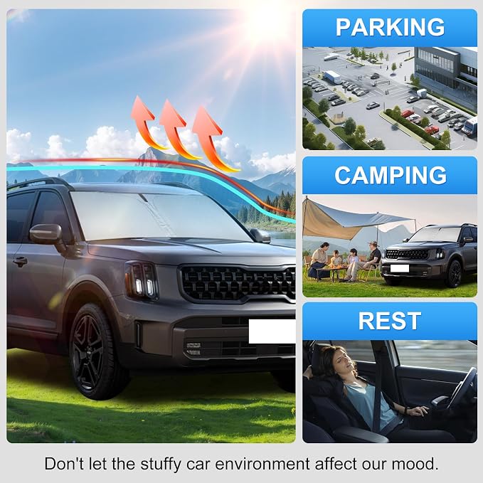 Custom Fit Windshield Sun Shade for Kia Telluride 2020-2026 | Custom Fit Windshield Cover, Blocks UV Rays, Double-Layer Heat Shield, Durable Frame, Easy Fold & Storage