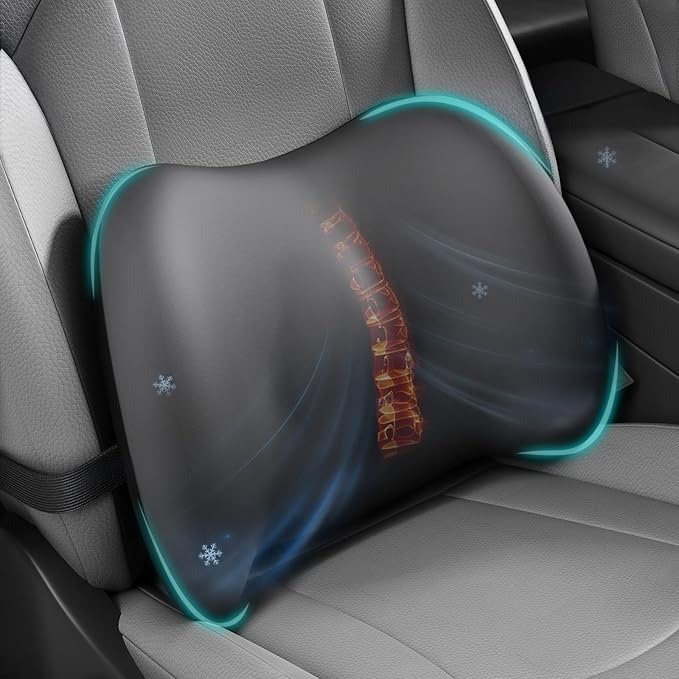 Cooling Lumbar Support Pillow for Car,Memory Foam Car Seat Back Support Pillow for Summer Driving,Cool-Touch Back Cushion with Strap for Pain Relief,Ergonomic Back Cushion for Chair(Gray Cooling)