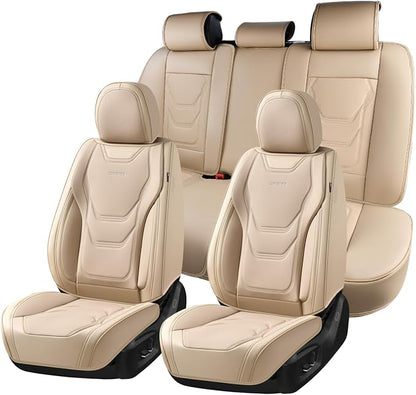 Coverado Car Seat Covers Full Sets, 5 Piece Car Seat Protector Waterproof Leather Seat Cushion Universal Fit for Truck Automotive Vehicles Beige