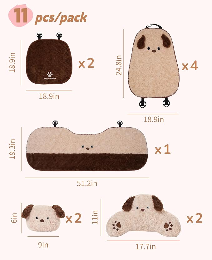 Cute Fluffy Dog Car Seat Cushions Covers Front and Rear Seat Pads Full Set 11PCS for 5 Seats, Winter Warm Automotive Interior Accessories for Cars SUV, Truck, Pickups (Fuzzy Dog - 11pcs)