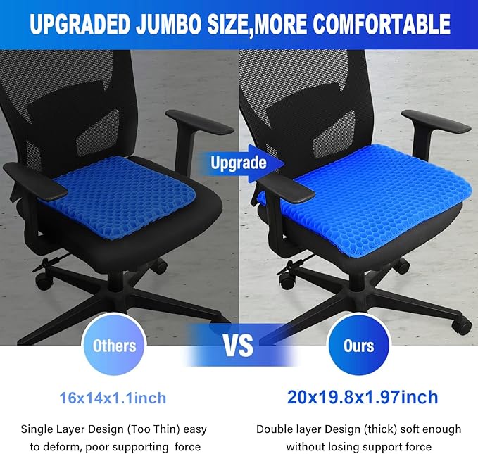 20" Gel Seat Cushion for Long Sitting Pressure Relief - Jumbo & Thick Gel Cushions for Office Chairs - Tailbone Pain Relief Cushion, Sciatica & Back Support, Wheelchair Cushions & Car Seat Cushion