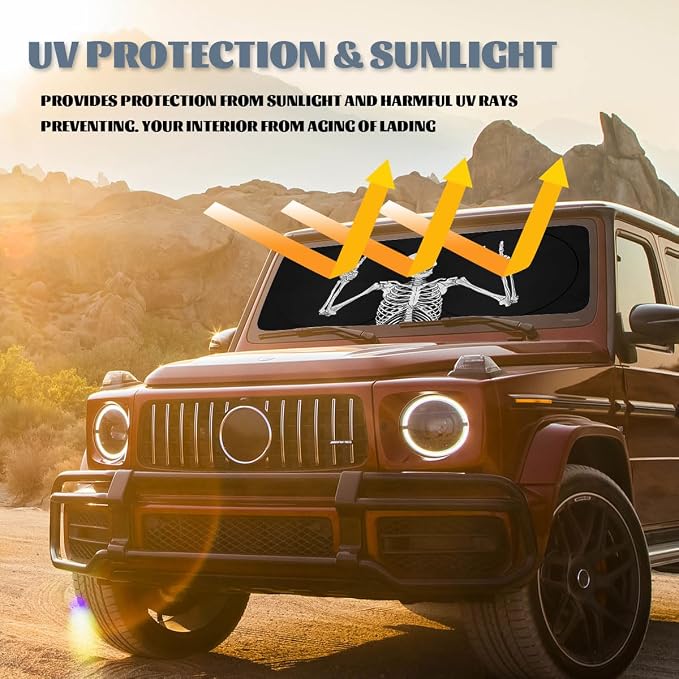 Funny Skull Car Windshield Sunshade Folding Human Skeleton Black Heatshield Front Window Car Sun Shade Windshield Rays Sun Shade Visor Protector for Car Sedan Truck SUV Accessories 59" L x 31.5" W