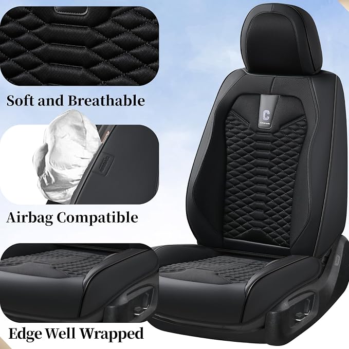 Coverado Car Seat Covers Full Set, 5 Seats Universal Seat Covers for Cars, Breathable Fabric& Faux Leather Auto Seat Cushions, Front and Rear Seat Protectors Fit for Most Sedans SUV Truck, Black