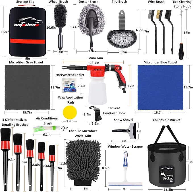 35Pcs Car Wash Detailing Kit Cleaning Kits with Foam Gun Sprayer Collapsible Bucket Brush Large Wash Mitt Towels Complete Interior Exterior Car Washing Supply Set Black