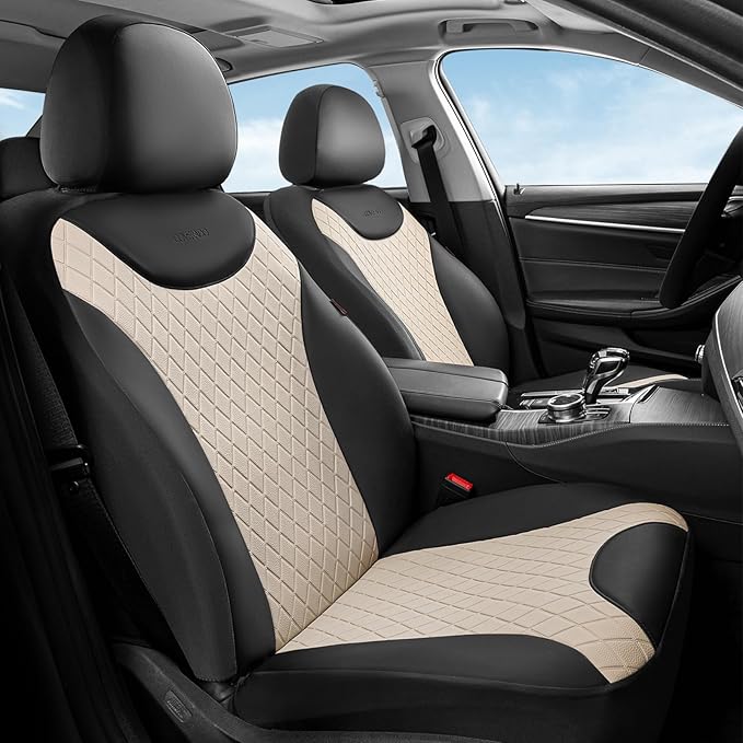 Coverado Front and Back Seat Covers, 5-Pack Universal Seat Covers for Cars, Leather & Fabric Splicing Design Car Seat Protectors, Waterproof Seat Cushions Universal for Most Vehicles, Black & Beige