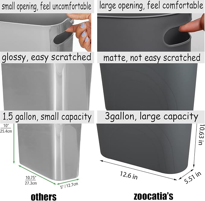 zoocatia Small Trash Can Garbage Can Container Bin with Handles 3 Gallons Plastic Wastebasket for Bathrooom, Bedroom, Office, Kitchen, Laudry Room, Dorm Room - Dark Grey