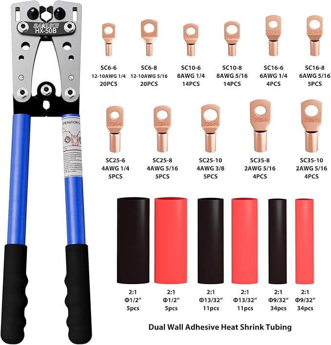 Sanuke Battery Cable Lug Crimping Tool Kit for AWG 10, 8, 6, 4, 2, 1/0 Electrical Ring Terminals, Battery Cable Crimper with 100pcs Copper Wire Lugs & Heat Shrink Tubing and Bag