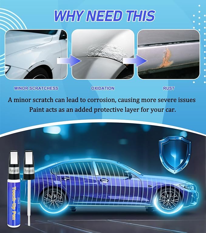 White Car Paint Touch Up Pen, Touch Up Paint for Car with Varnish Clear Coat Pen 2pcs, Car Scratch Repair Pen, Lasting Auto Scratch Remover, Quick and Easy Fix Vehicles Chip Rim Scuff Repair
