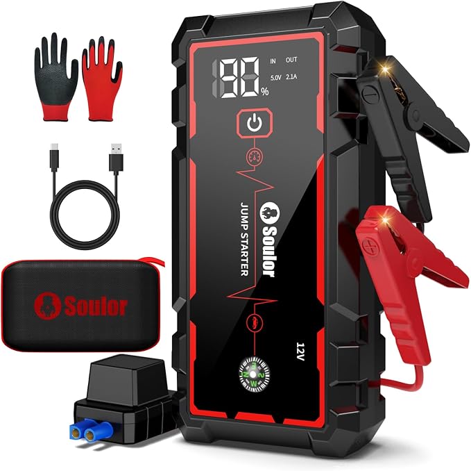 Jump Starter, Car Battery Jumper Starter Portable, Jump Box Battery Booster with 3 Modes Flashlight, Jumper Cables with Gloves