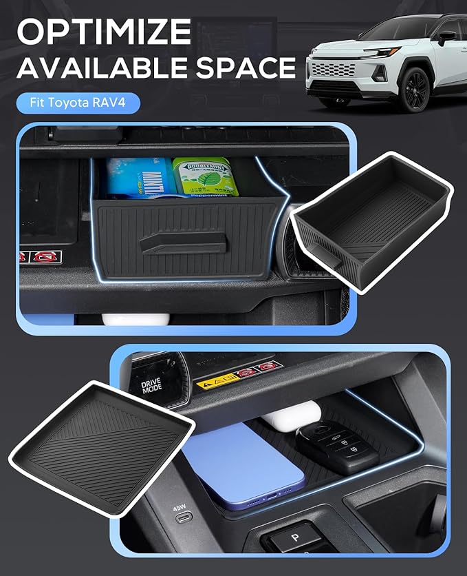 Autorder 2PCS Center Console Organizer Tray for 2026 Toyota RAV4 LE SE XLE Premium XSE Woodland Limited - Under Screen Insert Storage Drawer - Silicone Black