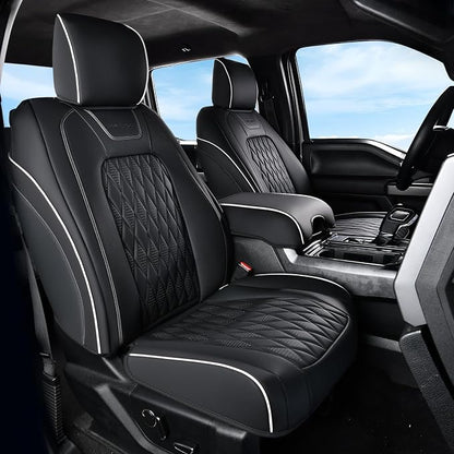 Coverado Premium Leather Front Seat Covers Waterproof Heavy-Duty Protectors Custom Fit for Ford F150 (2015-2026) F250/F350/F450 (2017-2026)-Black w/White Stitching, Wear-Resistant